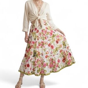 ​TDB Pink Floral Tiered Maxi Skirt Gold Trim Boho Cottagecore